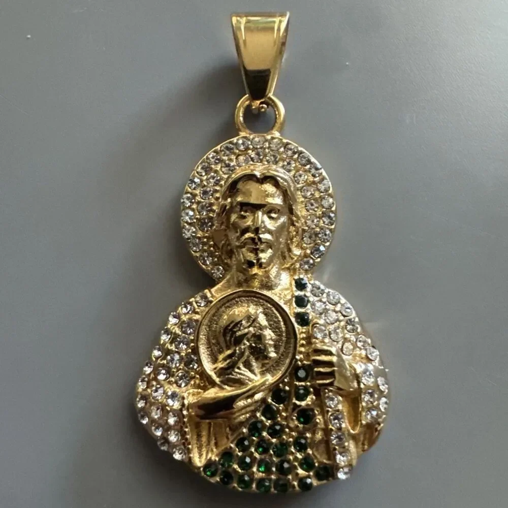 Saint Jude Thaddeus Pendant Gold Stainless Steel 24” Chain Jesus Cubic Zirconia